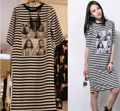 歐洲站2015春夏新款 歐貨時尚氣質釘珠美女圖經(jīng)典條紋長T連